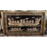 BURMESE EMBROIDED KALAGA, handmade, depicting rowing boats with multi coloured sequins in gilt