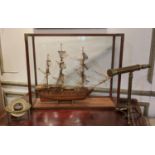 SHIP MODEL (case 28cm x 60cm x 80cm) of a square rigger in a glass case along with a brass compass
