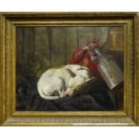 19th CENTURY SCHOOL 'Dog Sleeping on a Coat by a Jug', oil on canvas, 40cm x 50cm, framed.