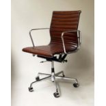 REVOLVING DESK CHAIR, Charles and Ray Eames inspired ribbed natural leather revolving and