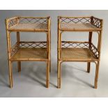 LAMP TABLES, a pair, bamboo framed, wicker panelled and cane bound, each two tier, 40cm x 35cm x