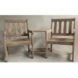 CONVERSATION BENCH, weathered and slatted conjoined armchairs, 173cm W.