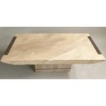 TRAVERTINE LOW TABLE, 1970's rectangular and plinth base, 125cm x 65cm x 40cm H.