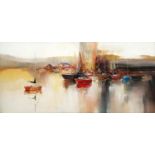 WILFRED LANG (Chinese b.1954), 'Harbour View', oil on canvas, 59cm x 120cm, signed.