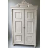 ARMOIRE, 19th century French grey painted with shaped crested cornice above two panelled doors