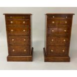 BEDSIDE CHESTS, a pair, Georgian style burr walnut and crossbanded each with brushing slide and four