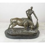 BRONZE MATADOR AND BULL ON BLACK MARBLE BASE, 30cm x 25cm H.