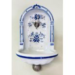 GARDEN WATER TAP/BASIN, continental blue and white ceramic with silvered fittings, 64cm H x 36cm.