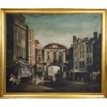 MANNER of JOHN COLLETT (1725-1772) 'Temple Bar, Fleet Street', oil on canvas, 69cm x 70cm, framed (