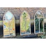 ARCHITECTURAL GARDEN MIRRORS, set of three, metal arched frames, 122cm H X 56cm W. (3)