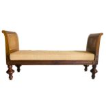 DAYBED, 20th century teak, with scroll arms, cane paneling, fitted cushion and turned supports,
