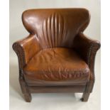 'LITTLE PROFESSOR' ARMCHAIR, hand finished brass studded natural tan leather with arched back.