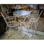 GARDEN TABLE, 74cm H x 76cm, white painted wrought metal with circular frosted glass top and a set