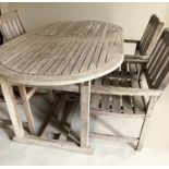 GARDEN SET, weathered slatted teak with extending rounded end table and set of four armchairs, 120cm