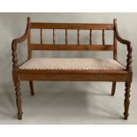 HALL SEAT, early 20th century Edwardian rail back with studded linen upholstered seat and down swept