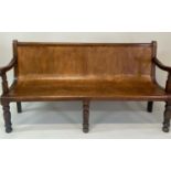 WAITING ROOM BENCH, Victorian fruitwood and mahogany with bent Gothic pierced seat, 183cm W.