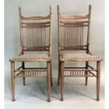 SIDE CHAIRS, a pair late 19th century oak with American style spindle back and studded linen