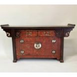 CHINESE ALTAR TABLE/CABINET, 19th century firwood and scarlet lacquered with two drawers and two