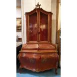 BOMBE BUREAU BOOKCASE, 130cm W x 223cm H x 60cm D early 20th century Italian scarlet craquelure,