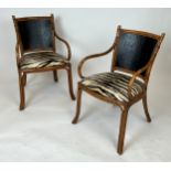 OPEN ARMCHAIRS, a pair, Regency design tiger bamboo with tiger print upholstered seats, 86cm H x