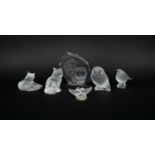 LALIQUE ANIMALS, five various including a owl and cats and another owl Ice glass piece. (6)