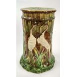 MAJOLICA GARDEN STOOL, by Thomas Forester and Sons, circa 1880, cranes with green, pink and brown
