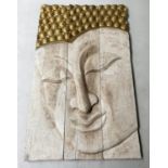 BUDDHA PANELS, a set of three carved wood gilded and crackelure painted, 93cm W x 150cm H. (3)