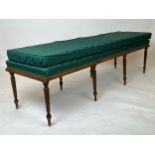 WINDOW SEAT, Victorian design walnut with green damask upholstery, 180cm x 47cm H x 53cm.