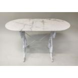 CONSERVATORY/POTTING TABLE, 19th century oval veined white marble top on cast iron double trestle