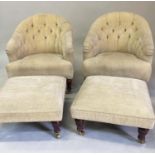 ARMCHAIRS, a pair, arched back with deep buttoned primrose yellow chenille upholstery, each with