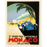 REPRODUCTION VINTAGE MONACO GRAND PRIX ADVERTISEMENT, painted on canvas, 120cm x 90cm.