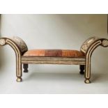 WINDOW SEAT, 193cm W, Moorish bone inlaid and silvered metal mounted, with scroll arms and hand