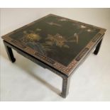 LOW TABLE, square Chinese black lacquer and gilt Chinoiserie decorated, 91cm x 91cm x 41cm H.