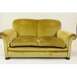 SOFA, Edwardian soft green velvet upholstered with scroll arms and two cushions, 160cm W.