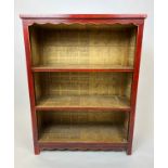 CHINOISERIE OPEN BOOKCASE, scarlet lacquered and gilt Chinoiserie decorated with three open shelves,