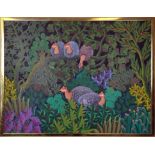 JEAN JOSLIN (Contemporary Dominican) 'Jungle with Guinea Fowl', oil on canvas, 59.5cm x 79.5cm,