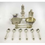 COLLECTION OF SILVER TABLEWARE, comprising Queen Anne style sugar caster, Birmingham 1927; a set