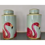 GINGER JARS, glazed ceramic, flamingo print design, 40cm H x 20cm diam.