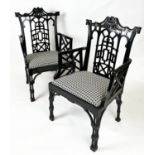 OPEN ARMCHAIRS, a pair, 61cm x 106cm H, Chinese pagoda style, black gloss, Spanish 1960's. (2)