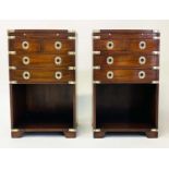 CAMPAIGN STYLE BEDSIDE CHESTS, a pair mahogany and brass bound each with slide and four drawers,