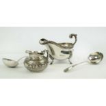 SAUCE BOAT, Georgian style, silver helmet shaped, Birmingham 1929, acanthus cast handle, three