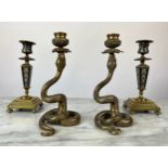 SNAKE CANDLESTICKS, a pair, early 20th century Indian bronze, 21cm H, together with a pair of French