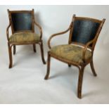 OPEN ARMCHAIRS, a pair, Regency design tiger bamboo with flower and vase patterned upholstered