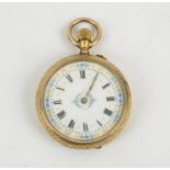 14CT GOLD LADIES POCKET WATCH, early 20th century, white enameled dial with Roman numerals