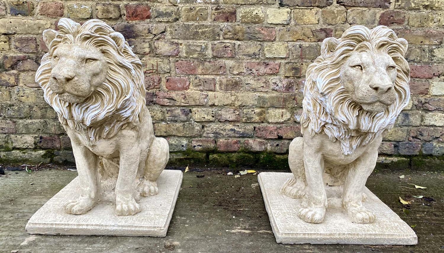 SCULPTURAL LIONS, a pair, 70cm H, composite stone. (2) - Image 5 of 5