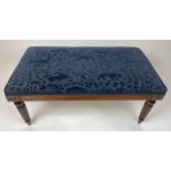 HEARTH STOOL, Regency style, upholstered in navy blue velvet fabric embossed with leopards, deer and