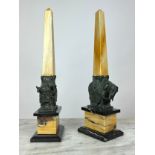 OBELISKS, a pair, marble with bronze elephant detail, 50cm H. (2)
