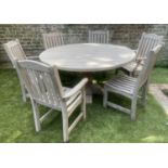GARDEN TABLE AND CHAIRS, 144cm W x 76cm H, silvery weathered teak, of very substantially slatted