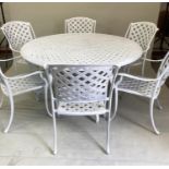 GARDEN TABLE AND CHAIRS, 145cm diam., Regency style cast aluminium trellis work, with six matching