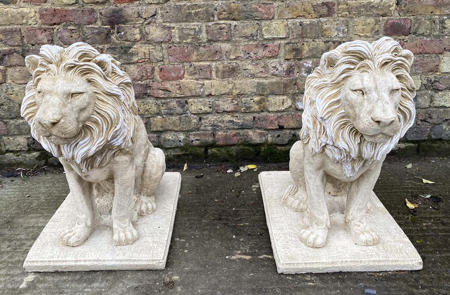 SCULPTURAL LIONS, a pair, 70cm H, composite stone. (2) - Image 2 of 5